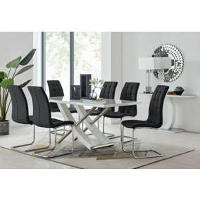 Furniturebox UK 6 Seater Dining Set - Mayfair High Gloss White Chrome Dining Table and Chairs - 6 Black Faux Leather Murano Chairs