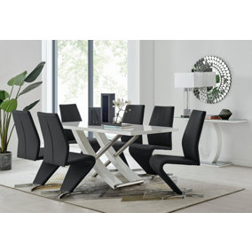 Furniturebox UK 6 Seater Dining Set - Mayfair High Gloss White Chrome Dining Table and Chairs - 6 Black Faux Leather Willow Chairs