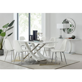 Furniturebox UK 6 Seater Dining Set - Mayfair High Gloss White Chrome Dining Table and Chairs - 6 Cream Faux Leather Corona Chairs