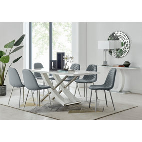 Furniturebox UK 6 Seater Dining Set - Mayfair High Gloss White Chrome Dining Table and Chairs - 6 Grey Faux Leather Corona Chairs