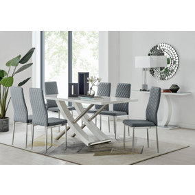 Furniturebox UK 6 Seater Dining Set - Mayfair High Gloss White Chrome Dining Table and Chairs - 6 Grey Faux Leather Milan Chairs