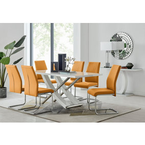 Furniturebox UK 6 Seater Dining Set - Mayfair High Gloss White Chrome Dining Table and Chairs - 6 Mustard Leather Lorenzo Chairs