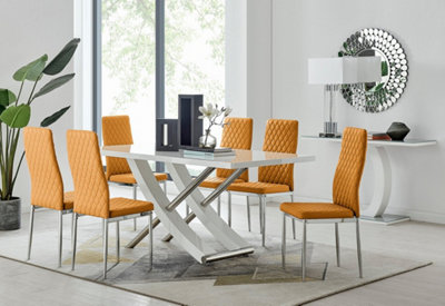 Furniturebox UK 6 Seater Dining Set - Mayfair High Gloss White Chrome Dining Table and Chairs - 6 Mustard Leather Milan Chairs