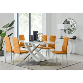Furniturebox UK 6 Seater Dining Set - Mayfair High Gloss White Chrome Dining Table and Chairs - 6 Mustard Leather Milan Chairs