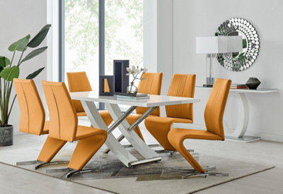 Furniturebox UK 6 Seater Dining Set - Mayfair High Gloss White Chrome Dining Table and Chairs - 6 Mustard Leather Willow Chairs
