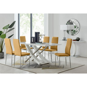 Furniturebox UK 6 Seater Dining Set - Mayfair High Gloss White Chrome Dining Table and Chairs - 6 Mustard Velvet Milan Chairs
