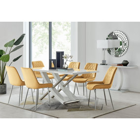 Furniturebox UK 6 Seater Dining Set - Mayfair High Gloss White Chrome Dining Table and Chairs - 6 Mustard Velvet Pesaro Chairs