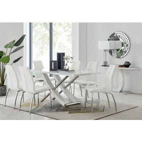 Furniturebox UK 6 Seater Dining Set - Mayfair High Gloss White Chrome Dining Table and Chairs - 6 White Faux Leather Isco Chairs