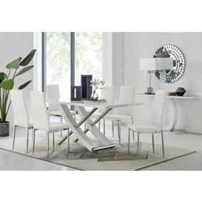 Furniturebox UK 6 Seater Dining Set - Mayfair High Gloss White Chrome Dining Table and Chairs - 6 White Faux Leather Milan Chairs