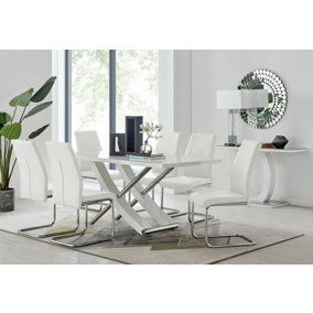 Furniturebox UK 6 Seater Dining Set - Mayfair High Gloss White Chrome Dining Table and Chairs - 6 White Leather Lorenzo Chairs