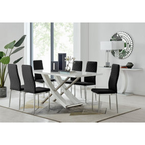 Furniturebox UK 6 Seater Dining Set - Mayfair High Gloss White Dining Table and Chairs - Chrome Leg - 6 Black Velvet Milan Chairs