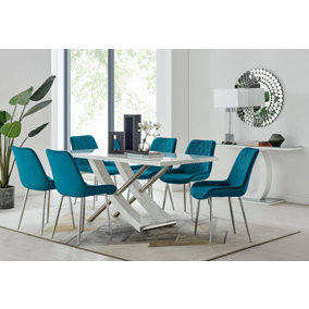 Furniturebox UK 6 Seater Dining Set - Mayfair High Gloss White Dining Table and Chairs - Chrome Leg - 6 Blue Velvet Pesaro Chairs