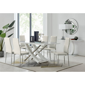 Furniturebox UK 6 Seater Dining Set - Mayfair High Gloss White Dining Table and Chairs - Chrome Leg - 6 Cream Velvet Milan Chairs