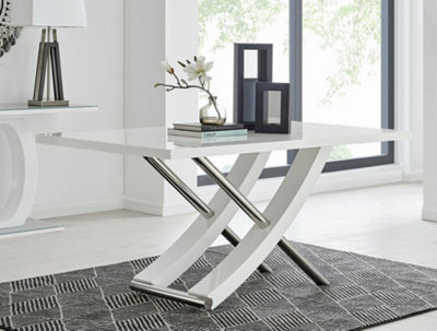 Furniturebox UK 6 Seater Dining Set - Mayfair High Gloss White Dining Table and Chairs - Chrome Leg - 6 Cream Velvet Milan Chairs
