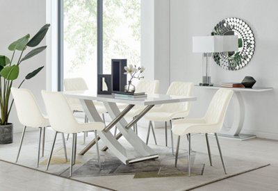 Furniturebox UK 6 Seater Dining Set - Mayfair High Gloss White Dining Table and Chairs - Chrome Leg - 6 Cream Velvet Pesaro Chairs