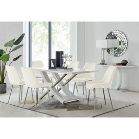 Furniturebox UK 6 Seater Dining Set - Mayfair High Gloss White Dining Table and Chairs - Chrome Leg - 6 Cream Velvet Pesaro Chairs