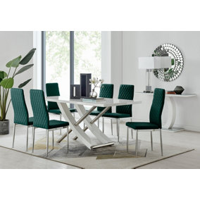 Furniturebox UK 6 Seater Dining Set - Mayfair High Gloss White Dining Table and Chairs - Chrome Leg - 6 Green Velvet Milan Chairs