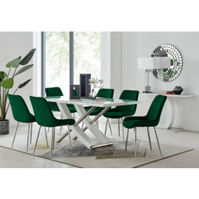 Furniturebox UK 6 Seater Dining Set - Mayfair High Gloss White Dining Table and Chairs - Chrome Leg - 6 Green Velvet Pesaro Chairs