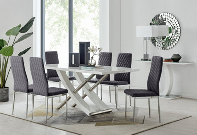 Furniturebox UK 6 Seater Dining Set - Mayfair High Gloss White Dining Table and Chairs - Chrome Leg - 6 Grey Velvet Milan Chairs