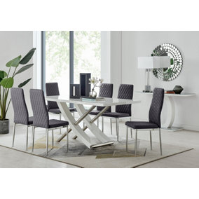 Furniturebox UK 6 Seater Dining Set - Mayfair High Gloss White Dining Table and Chairs - Chrome Leg - 6 Grey Velvet Milan Chairs