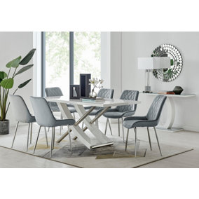 Furniturebox UK 6 Seater Dining Set - Mayfair High Gloss White Dining Table and Chairs - Chrome Leg - 6 Grey Velvet Pesaro Chairs