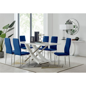 Furniturebox UK 6 Seater Dining Set - Mayfair High Gloss White Dining Table and Chairs - Chrome Leg - 6 Navy Velvet Milan Chairs
