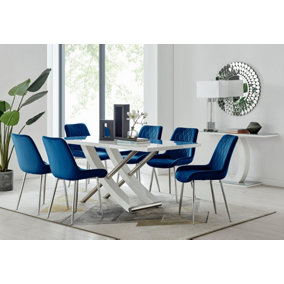 Furniturebox UK 6 Seater Dining Set - Mayfair High Gloss White Dining Table and Chairs - Chrome Leg - 6 Navy Velvet Pesaro Chairs