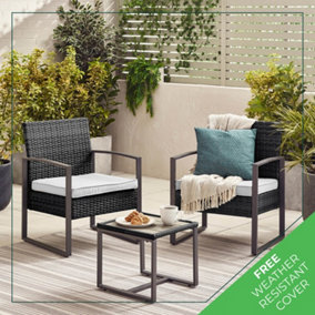 Furniturebox UK Algarve Black PE Rattan 2 Seat Outdoor Garden Bistro Set, 2 Square Chairs + Coffee Table, Modern Industrial Style
