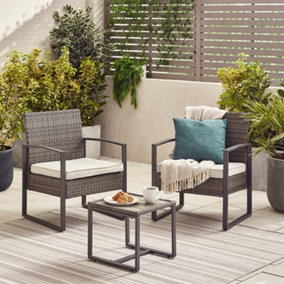 Furniturebox UK Algarve Grey PE Rattan 2 Seat Outdoor Garden Bistro Set, 2 Chairs, Square Coffee Table, Modern Style - Free Cover