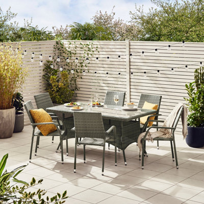 Furniturebox UK Antigua Grey 6 Seat Rattan Outdoor Garden Dining Set, PE Rattan, 6 Chairs 1 Glass Top Outdoor Table - Free Cover