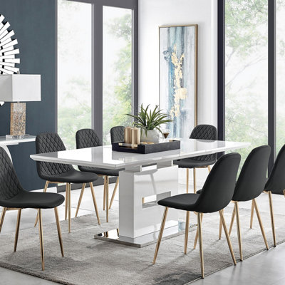 Furniturebox UK Arezzo Large Extending Dining Table and 8 Black Corona ...