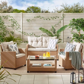 Furniturebox UK Arizona Beige PE Rattan 4 Seat Outdoor Garden Sofa Set - 2 Seat Garden Sofa, 2 Outdoor Armchairs & Coffee Table