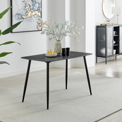Furniturebox UK Asti Rectangular Dark Grey Marble Effect Dining Table - Matte Finish, Tapered Black Metal Legs, Seats 4
