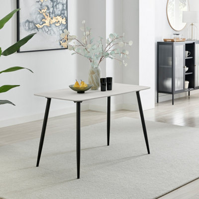 Furniturebox UK Asti Rectangular White Marble Effect Dining Table - Matte Finish, Tapered Black Metal Legs, Seats 4