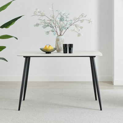 Furniturebox UK Asti Rectangular White Marble Effect Dining Table - Matte Finish, Tapered Black Metal Legs, Seats 4