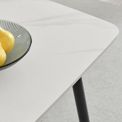 Furniturebox UK Asti Rectangular White Marble Effect Dining Table - Matte Finish, Tapered Black Metal Legs, Seats 4