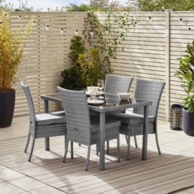 Furniturebox UK Bali Grey Rattan Garden Dining Table and Chairs for Outdoor Patio, 4 Seater with Cushions and Table - Free Cover