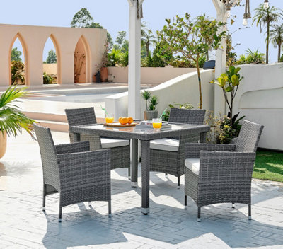 Furniturebox UK Barbados Grey Rattan Outdoor Garden Dining Set, PE Rattan & Cushions, 4 Chairs 1 Outdoor Table - Free Cover