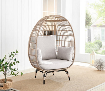 Furniturebox UK Beige Rattan Garden Egg Chair in PE Resin Rattan for Outdoors and 15cm Luxuriously Thick Taupe Cushions DIY at B Q