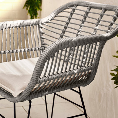 Furniturebox UK Belize Grey Wicker Style PE Rattan 2 Seat Outdoor Garden Bistro Table & Chairs Set, black metal hairpin legs