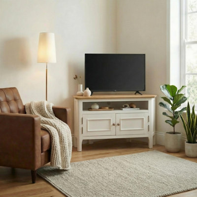 Furniturebox UK Belle Oak Wood and Cream Corner TV Stand