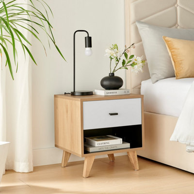 Furniturebox UK Bisset Off-White & Wood Effect Storage Bedside Table