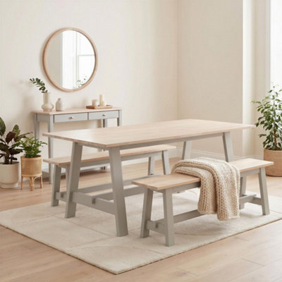 Furniturebox UK Blakeney Whitewashed and Grey Wood Dining Table & 2 Benches
