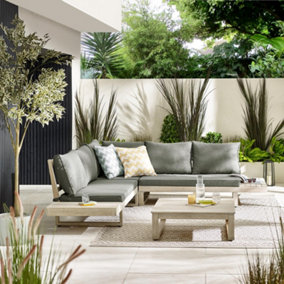 Furniturebox UK Brisa 5 Seat Outdoor Sofa Set: Limewashed Wood & Grey Cushions