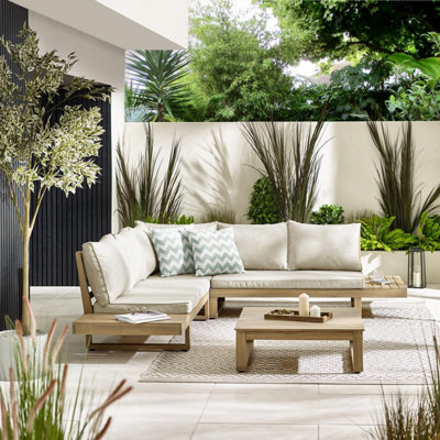 Furniturebox UK Brisa 6 Seater Solid Wood Wooden Garden Corner Sofa Set With Natural Cushions - Patio Outdoor Sofa Set
