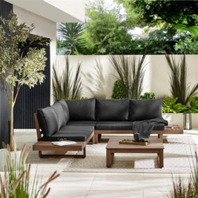 Furniturebox UK Brisa Solid Wood Garden Sofa Set - Black & Dark Walnut, 5-Seater with End Tables & Coffee Table, FSC Certified
