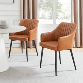 Furniturebox UK Calla 2x Tan Faux Leather Black Leg Dining Chair