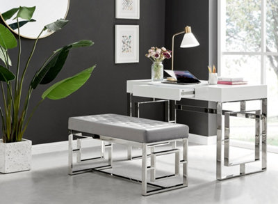 Furniturebox UK Cambridge Grey Velvet & Chrome Dressing Table and Stool Set