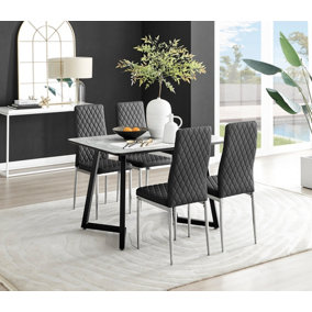Furniturebox UK Carson White Marble Effect Dining Table & 4 Black Milan Chrome Leg Chairs