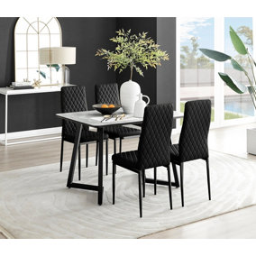 Furniturebox UK Carson White Marble Effect Dining Table & 4 Black Velvet Milan Black Leg Chairs